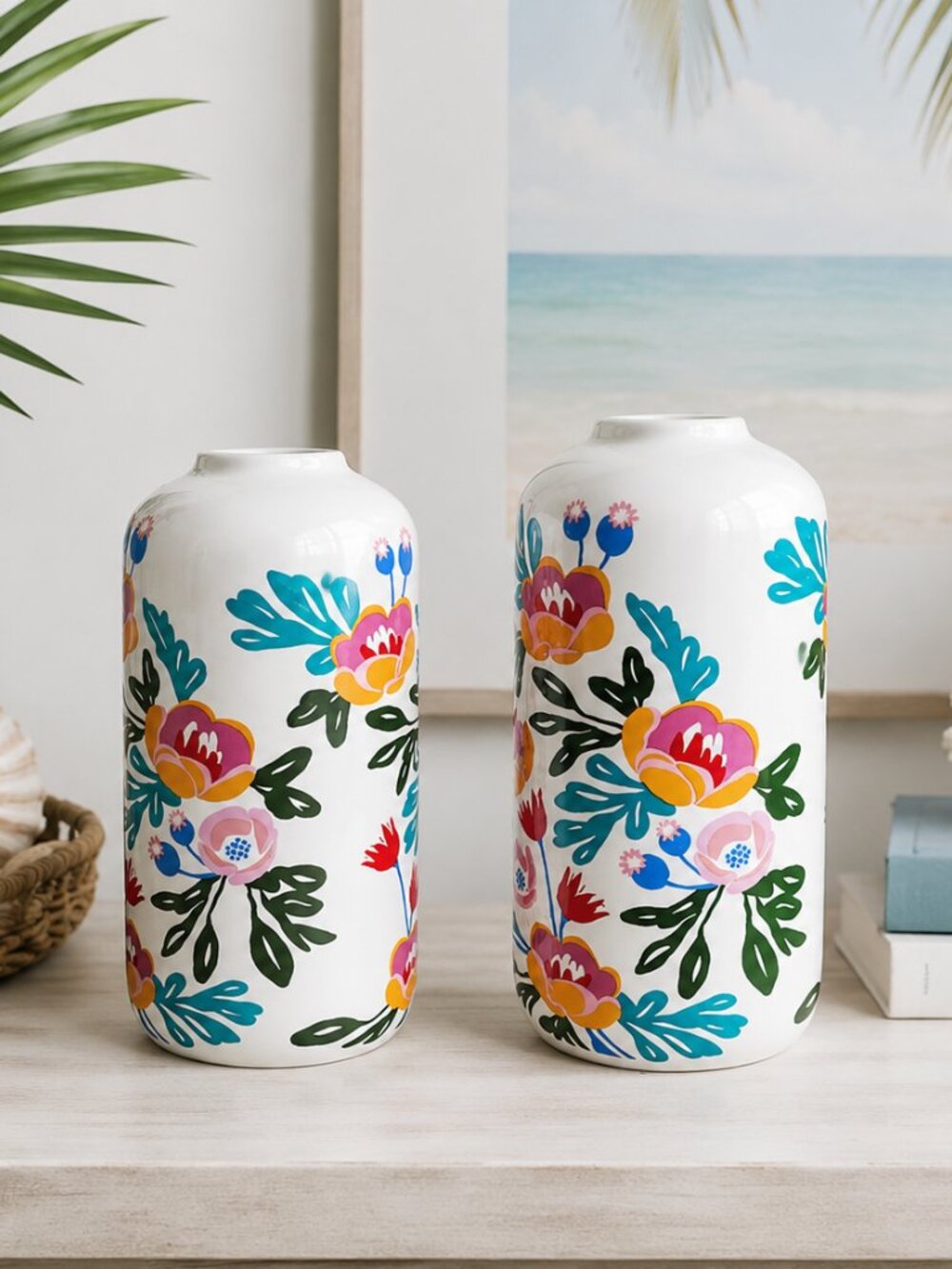 Scandinavian Folk Art Floral Ceramic Vase Glossy White Decorative Vase